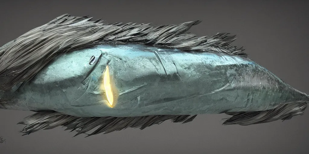 Image similar to tuna, stylized layered textures, long flowing fins, bioluminescent orbs, 3 d render, substance painter, glowing eye, smooth, sharp focus, art by h r giger