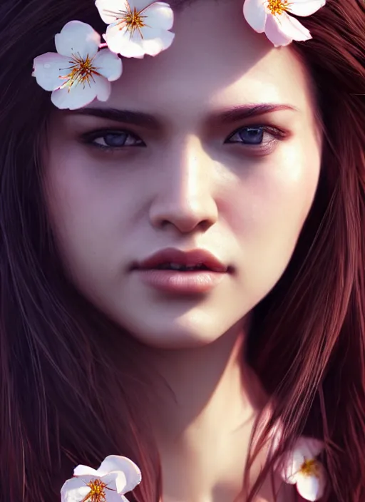 Image similar to photo of a gorgeous female with messy hair in the style of stefan kostic, realistic, body shot, sharp focus, 8 k high definition, insanely detailed, intricate, elegant, art by stanley lau and artgerm, cherry blossoms