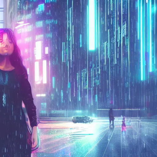 Image similar to hyperdetailed beautiful girl in the rain interacting with a holographic interface on a wall in a future cyber punk style city trending on cgsociety