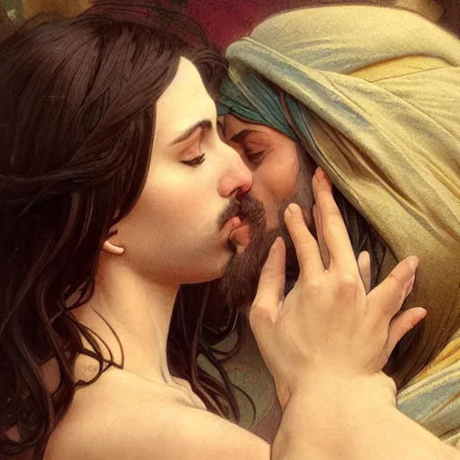 Image similar to 1 8 th jesus kissing a woman, intricate, elegant, highly detailed, digital painting, artstation, concept art, matte, sharp focus, illustration, art by artgerm and greg rutkowski and alphonse mucha