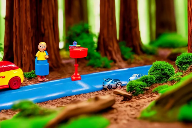 Image similar to fisher price redwood forest, california scene from tv show hyper detailed 5 5 mm 8 5 mm, toy photography, made out of plastic