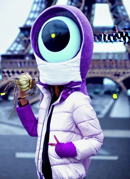 Prompt: purple alien wearing white puffer jacket, in paris, they hold a model ufo, anime frame, beautiful composition,