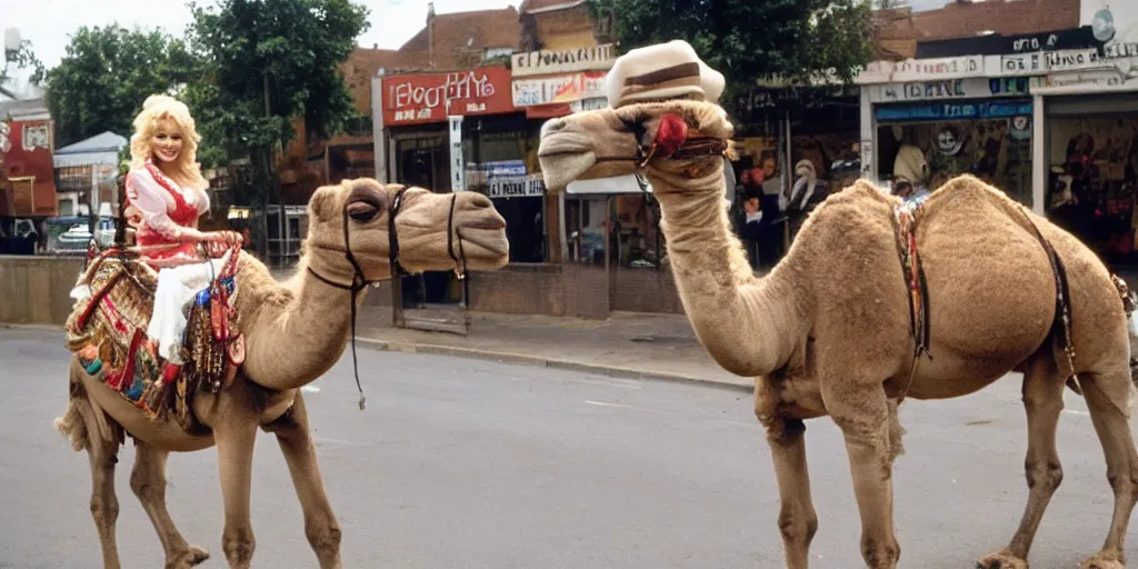 Image similar to Dolly Parton riding a camel in Slough