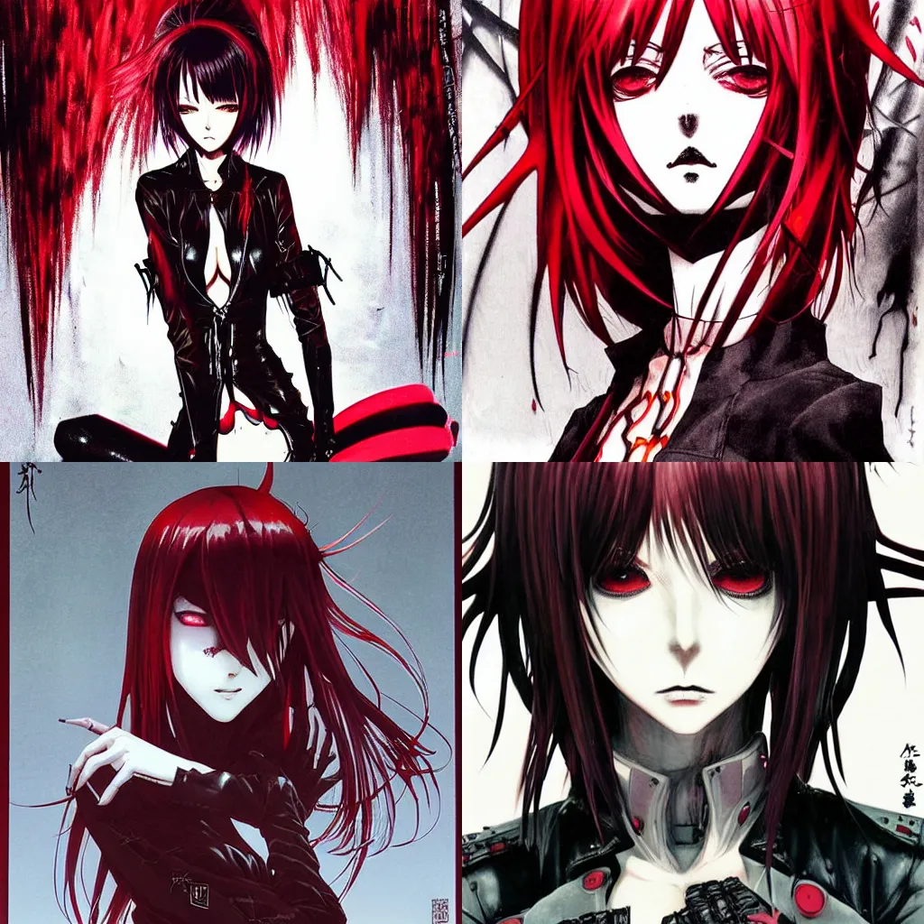 Prompt: professional late 2 0 0 0 s seinen manga cover art of goth woman with red hair, red eyes, leather clothes, black makeup. chunibyo. horror cyberpunk action manga cover promotional art. detailed and intricate environment. pencils by ilya kuvshinov and painted by zdzislaw beksinski, inked by tsutomu nihei