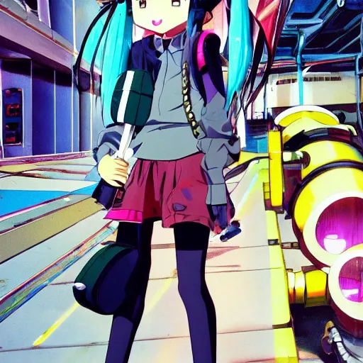 Prompt: anime girl with eccentric clothes, eccentric hairstyle, cel - shading, 2 0 0 1 anime, flcl, jet set radio future, golden hour, underground facility, underground tunnel, pipes, rollerbladers, rollerskaters, cel - shaded, jsrf, strong shadows, vivid hues, y 2 k aesthetic