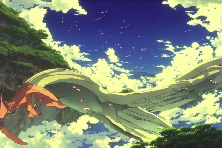 Image similar to painting of a dreamscape, a flying leviathan in the foreground, exterior wide shot, otherworldly and ethereal by kazuo oga in the anime film by studio ghibli, screenshot from the anime film by makoto shinkai