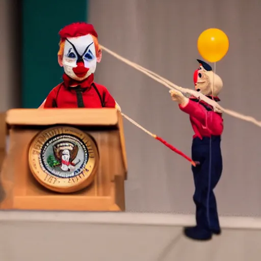 Image similar to puppet show with a puppeteer using a string marionette of a president with clown makeup in a podium