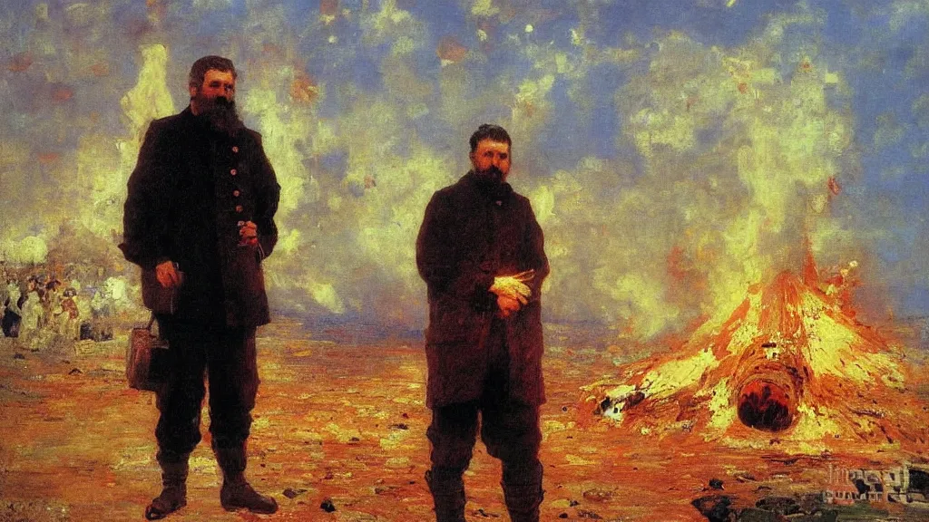 Image similar to high quality high detail painting by ilya repin, man standing in front of huge explosion, hd