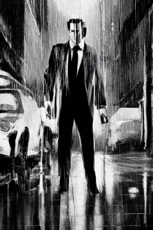 Image similar to black and white illustration of Patrick Bateman in a rainy street, neo noir style, Frank Miller creative design, Josep Tapiró Baró