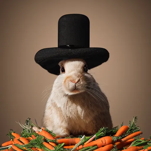 Image similar to hasidic rabbit sitting on pile of carrots intricate detail, finely detailed, small details, extra detail, photorealistic, high resolution, vray, hdr, hyper detailed, insane details, intricate, elite, ornate, elegant, luxury, dramatic lighting, octane render, weta digital, micro details, 3 d sculpture