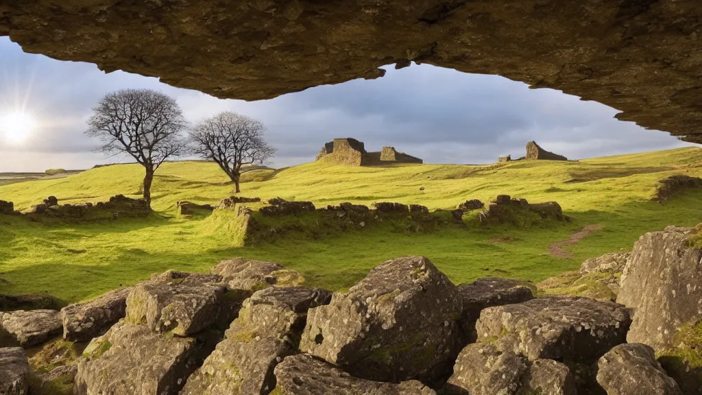 Prompt: hadrians wall lit by a natural light