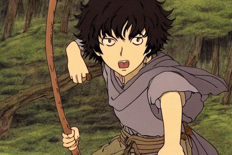 Image similar to frodo in the anime lord of the rings by studio ghibli, movie still frame, very detailed, artwork by hayao miyazaki, kentaro miura, satoshi kon, high quality, 4 k