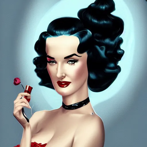 Prompt: a pinup illustration of dita von teese in the style of charlie bowater.