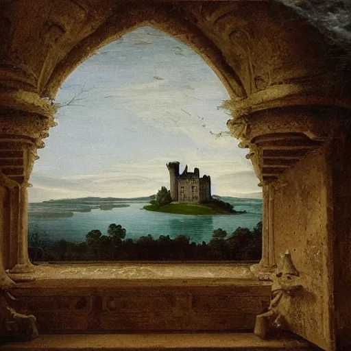 Image similar to an abandoned castle that sits on an island in the middle of a dark lake, there are cobwebs and dust hanging all over the castle and there is a ghostly apparition in one of the windows, a worn boat floats on the lake in front of the castle, renaissance painting, high quality