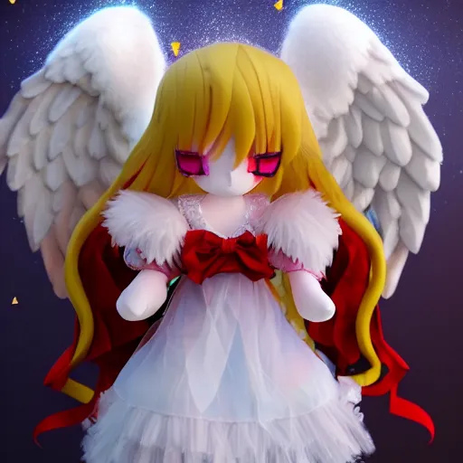 Image similar to cute fumo plush of a divine angel, gothic maiden, ribbons and flowers, ruffled wings, feathers raining, particle simulation, clouds, vray, outline glow lens flare, divine wrath of the fiery retribution