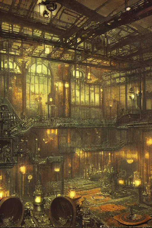 Prompt: beautiful matte steampunk large room filled with steampipes and valves fantasy scene ultra detail by john atkinson grimshaw