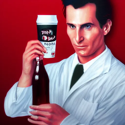 Prompt: patrick bateman drinking dr pepper, photorealistic art, 8 k