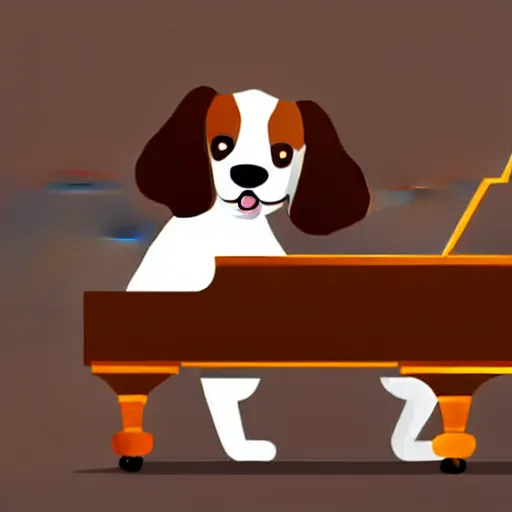 Image similar to a cute brown and white spaniel playing a grand piano, illustration, hand draw