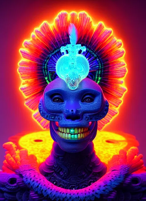 Prompt: 3 d goddess portrait, micro details global illumiantion beautiful intricate highly detailed quetzalcoatl skull and feathers. bioluminescent, plasma, lava, ice, water, wind, creature, thunderstorm! artwork by tooth wu and wlop and beeple and greg rutkowski, 8 k trending on artstation,
