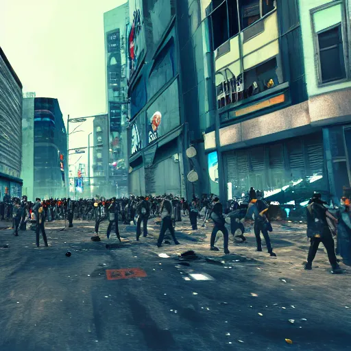 Image similar to photograph of a riot in a cyberpunk city street, first person view