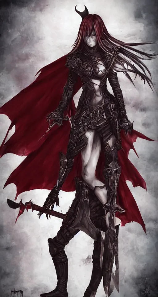 Image similar to dnd art, female vampire knight, barefoot, black full plate armor, historical armor, realistic armor, full body, monstrous mask, giant two - handed sword dripping blood, red wings, grinning, no shoes, black nail polish, realistic, pathfinder, flying.