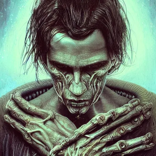 Image similar to surreal portrait of a man by Greg Rutkowski and H.R Giger, he is about 30 years old, messy long black hair, tired appearance, roman nose, peaceful but sad and resigned expression, martyred as a biomechanical transhuman cyborg god, eyes glow electric blue, cosmic void background, frightening, fascinating, highly detailed portrait, digital painting, book cover, artstation, concept art, smooth, sharp foccus ilustration, Artstation HQ.