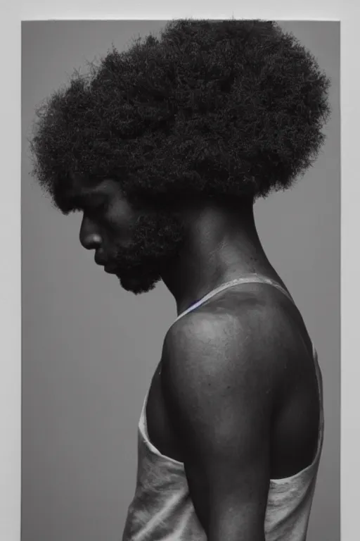Prompt: a black young man's face in profile, no beard, long curly hair made of flowers and fruit, in the style of the Dutch masters and Alec Soth, dark and moody