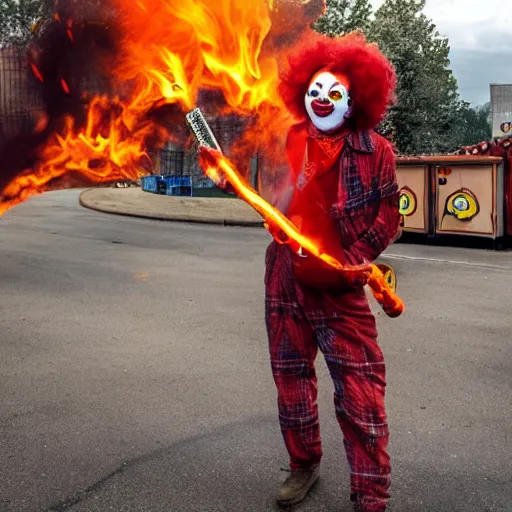 Image similar to photo of a clown using a flamethrower projecting a long bright flame towards a dumpster fire