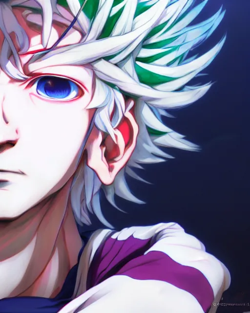 Image similar to extremely attractive soft feminine male jester / fool anime character screenshot, nagito komaeda and hisoka, anime, intricate, sharp focus, illustration, highly detailed, digital painting, cell shaded, concept art, matte, male art by ilya kuvshinov and kyoto animation and wlop, ruan jia and greg rutkowski, studio quality, masterpiece