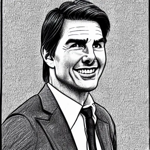 Image similar to a portrait drawing of Tom Cruise drawn by Robert Crumb