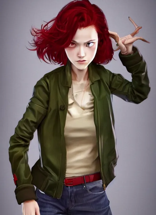Prompt: 3d model of a full-body shot of an attractive tomboy girl with long, crimson red hair and red eyes, wearing a brown, open jacket and green jeans with a stern look, concept art, character design, by WLOP, by Ross Draws, by Tomine, by Satoshi Kon, by Rolf Armstrong, by Peter Andrew Jones