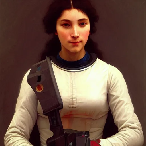 Prompt: a beautiful portrait of a space bounty hunter by william - adolphe bouguereau trending on artstation