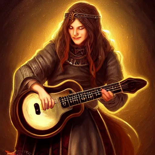 Image similar to Bard rocking out with a guitar in a medieval pub, female, fantasy, arcane glow, druidic runes, dramatic, intricate, sly smile, human face, fox ears, elegant, highly detailed, digital painting, artstation, concept art, smooth, sharp focus, illustration, octane render, art by Leesha Hannigan, Ross Tran, Thierry Doizon, Kai Carpenter, Ignacio Fernández Ríos