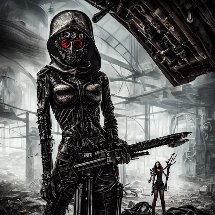 Image similar to apocalyptic woman in hood standing in hall of machinery and weaponry, hyper - detailed, smooth, sharp focus, 4 k ultra hd, fantasy dark art