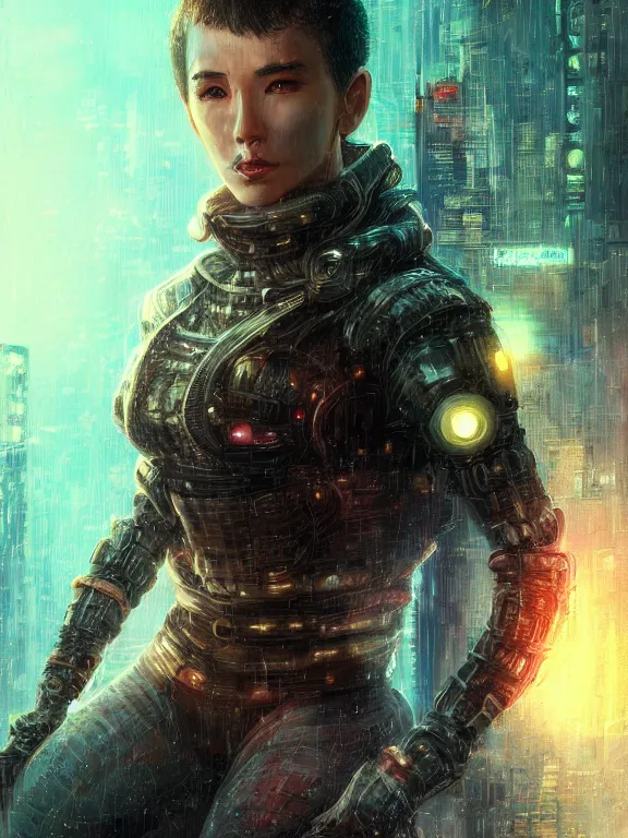 Image similar to portrait art of 8k ultra realistic retro futuristic ninja, lens flare, atmosphere, glow, detailed,intricate,blade runner, cybernetic, full of colour, cinematic lighting, trending on artstation, 4k, hyperrealistic, focused, extreme details,unreal engine 5, cinematic, masterpiece, art by ayami kojima, giger