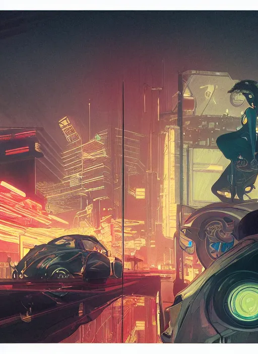 Prompt: portrait of a cyborg boy and a cyborg girl inside a car in the middle of futuristic tokyo at night. diffuse neon light, dramatic landscape, fantasy illustration, matte painting by mucha