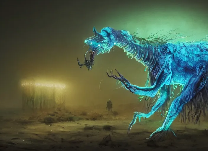 Image similar to detailed full body concept art illustrated colorful bioluminescence pastel painting of a nightmare Chernobyl mutated animal in full intricate detail, ultra detailed, digital art, octane render, 4K, dystopian, micro details