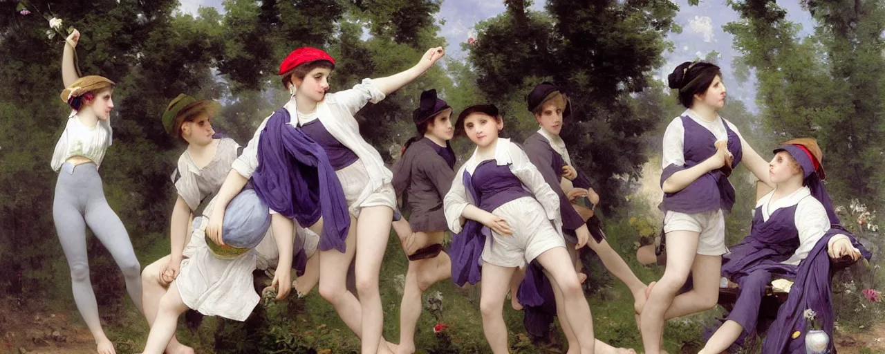 Image similar to A character sheet of many full body cute Emma Watsons with short hair wearing an oversized purple Beret, Purple overall shorts, Short Puffy pants made of silk, pointy jester shoes, a big billowy scarf, and white leggings. Rainbow accessories all over. Flowing fabric. Covered in stars. Short Hair. Art by william-adolphe bouguereau and Paul Delaroche and Alexandre Cabanel and Lawrence Alma-Tadema and WLOP and Artgerm. Fashion Photography. Decora Fashion. harajuku street fashion. Kawaii Design. Intricate, elegant, Highly Detailed. Smooth, Sharp Focus, Illustration Photo real. realistic. Hyper Realistic. Sunlit. Moonlight. Dreamlike. Surrounded by clouds. 4K. UHD. Denoise.