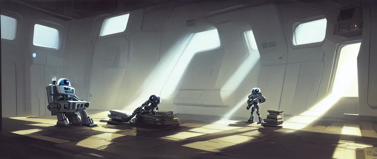 Image similar to digital painting of a droid robot reading a book, concept art, by Ralph mcquarrie, sunlight pouring through window, large scale, high detail, futuristic, godrays, volumetric lighting, warm lighting