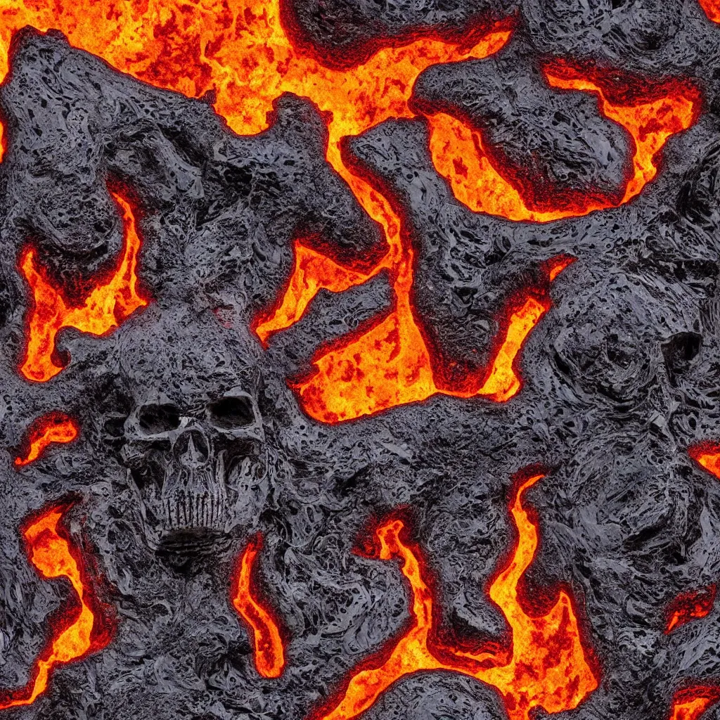 Image similar to wide angle scene of volcano caldera in the form of the punisher skull icon. punisher icon is lava lake with flowing fountains and rivers of lava. detailed, high art, intricate, artisan