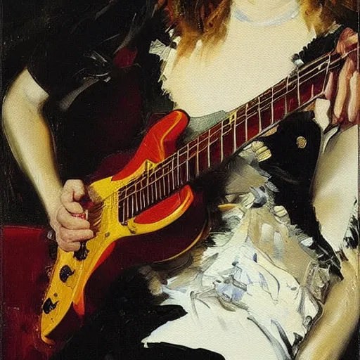 Image similar to Anna Calvi playing electric guitar, oil painting by Giovanni Boldini