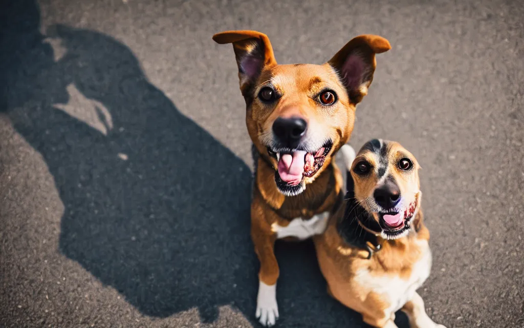 Image similar to a 3 5 mm photo of a dog, sigma 2 4 mm f / 8,, smiling,, sitting, warm lighting, strong shadow, cinematic, realistic,