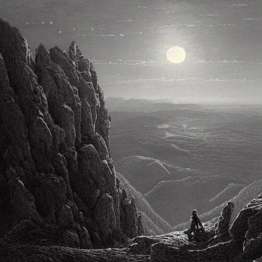 Image similar to A wanderer on a mountain, montaintop, georgeous view, distant forest, distant city, distant glow, night, moon, dramatic light, Chiaroscuro, long shadows, dark, masterpiece, high detail, detailed, illustration by Paul Gustave Doré