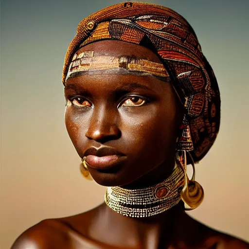 Image similar to vintage portrait of a stunningly beautiful west african tribal female, depth of field, zeiss lens, detailed, symmetrical, centered, fashion photoshoot, by edward s curtis, Annie Leibovitz and Steve McCurry, David Lazar, Jimmy Nelsson, alphonse mucha, Breathtaking, 8k resolution, extremely detailed, beautiful, establishing shot, artistic, hyperrealistic, beautiful face, octane render