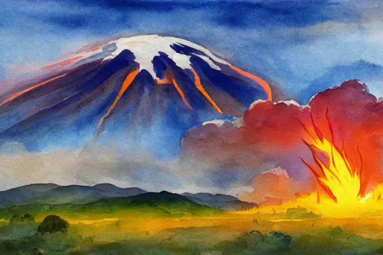 Image similar to peaceful sunny landscape with burning volcano in center and heavy thunderstorm above it, aquarelle painting, trending on artstation, 4 k