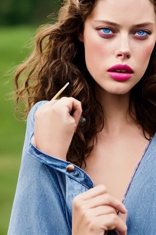 Prompt: Extreme Close-Up (ECU) colorful portrait photo of a beautiful Emily Didonato wearing maybelline, smoking a cigarette in the field, cinematic lighting, cinematic composition, cinematic atmosphere. Vogue photography Sigma 85mm f/5-6.3 lens, portrait winning photograph