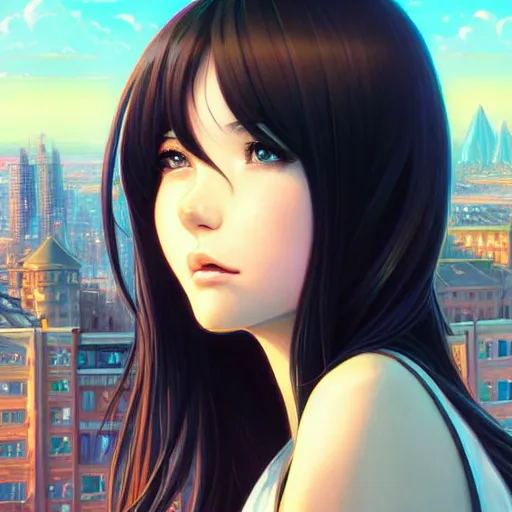 Prompt: a beautiful girl with long dark hair, city background, intricate, highly detailed, digital painting, artstation, official media, anime key visual, concept art, rich vivid colors, ambient lighting, sharp focus, illustration, art by Artgerm, Makoto Shinkai, Ilya Kuvshinov, Lois Van Baarle, and Rossdraws