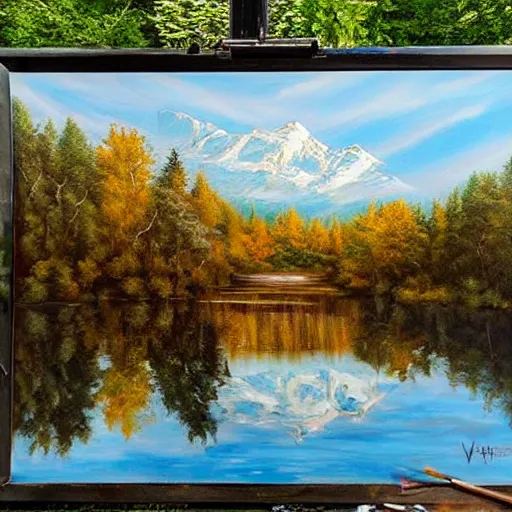 Image similar to beautiful scenery, varnished painting, visible canvas, highly reflective, realistic reflections, realistic lighting, glossy, realistic