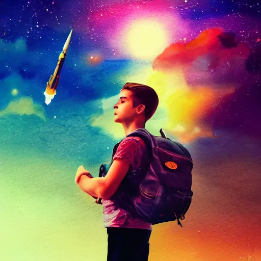 Prompt: one wild son of a gun, whipping his arms around, kissing the sky, playing the dangerous game, making the man angry, vibrant watercolor colors, focused eyes, a huge backpack, rocket in the background, on a sacred moon, with the worshippers, killing the horse of destiny, emma watson, unreal render, beautiful, 8k