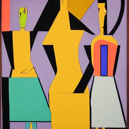 Image similar to A modern abstract painting in the style of HILDEGARDE HANDSAEME, depicting three women figures in three different rooms doing different poses, modern earthy neutral earthy, interesting geometry, in the style of HILDEGARDE HANDSAEME